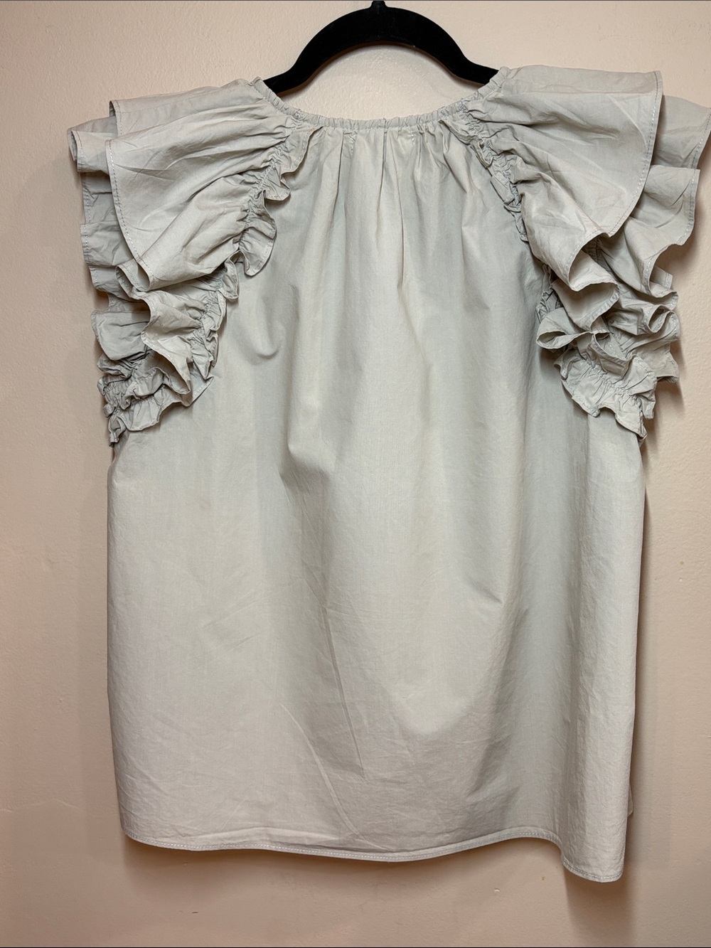 MABLE Ruffle Sleeve Tie-Neck Blouse in Tan Cotton, M - Picture 3 of 8